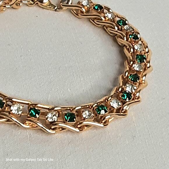 Gold Tone Chain Link Bracelet String Of Green Clear Rhinestones Lobster Clasp - Picture 6 of 10